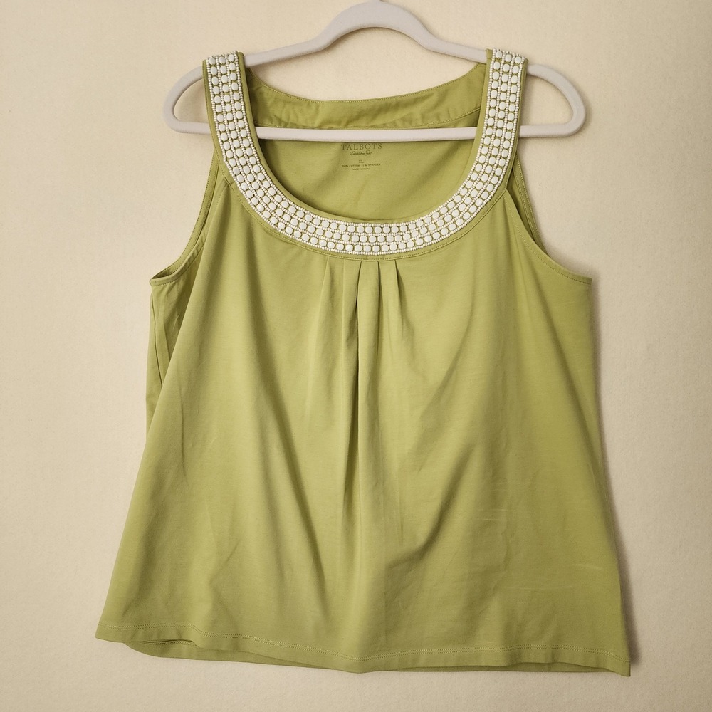 Talbots Womens XL Lime Green Beaded Neckline Sleeveless Knit Tank Top Pleated